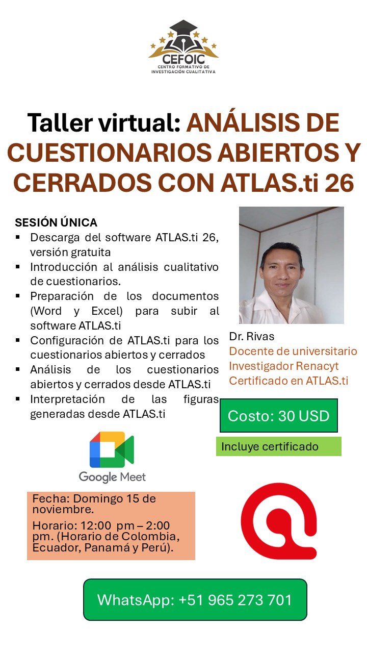 Flyer del taller virtual Análisis de cuestionarios abiertos y cerrados con ATLAS.ti 26: sesión única el domingo 15 de noviembre de 2026, de 12:00 a 2:00 p. m. (hora de Colombia, Ecuador, Panamá y Perú), por Google Meet, con el Dr. Rivas. Costo: 30 USD, incluye certificado. WhatsApp: +51 965 273 701.
